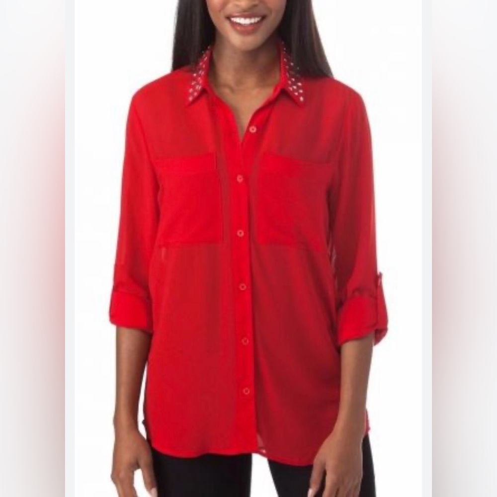 Michael Kors Torch Red Studded Collar Top size L
